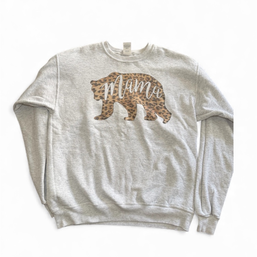 Hanes EcoSmart Sweatshirt Mama Bear Leopard Print Graphic Gray Size Med